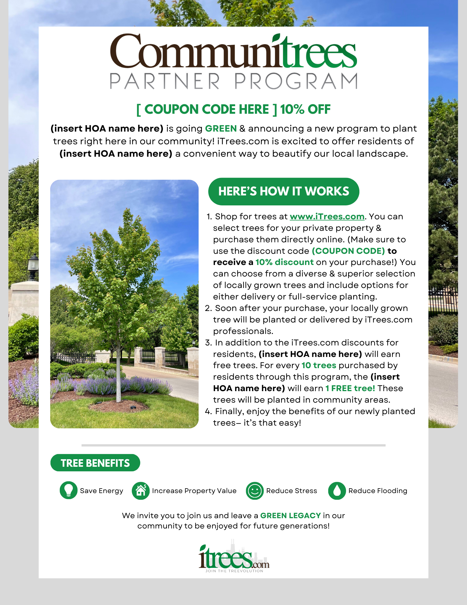 iTrees.com CommuniTrees Partner Program Coupon Code Flyer Example